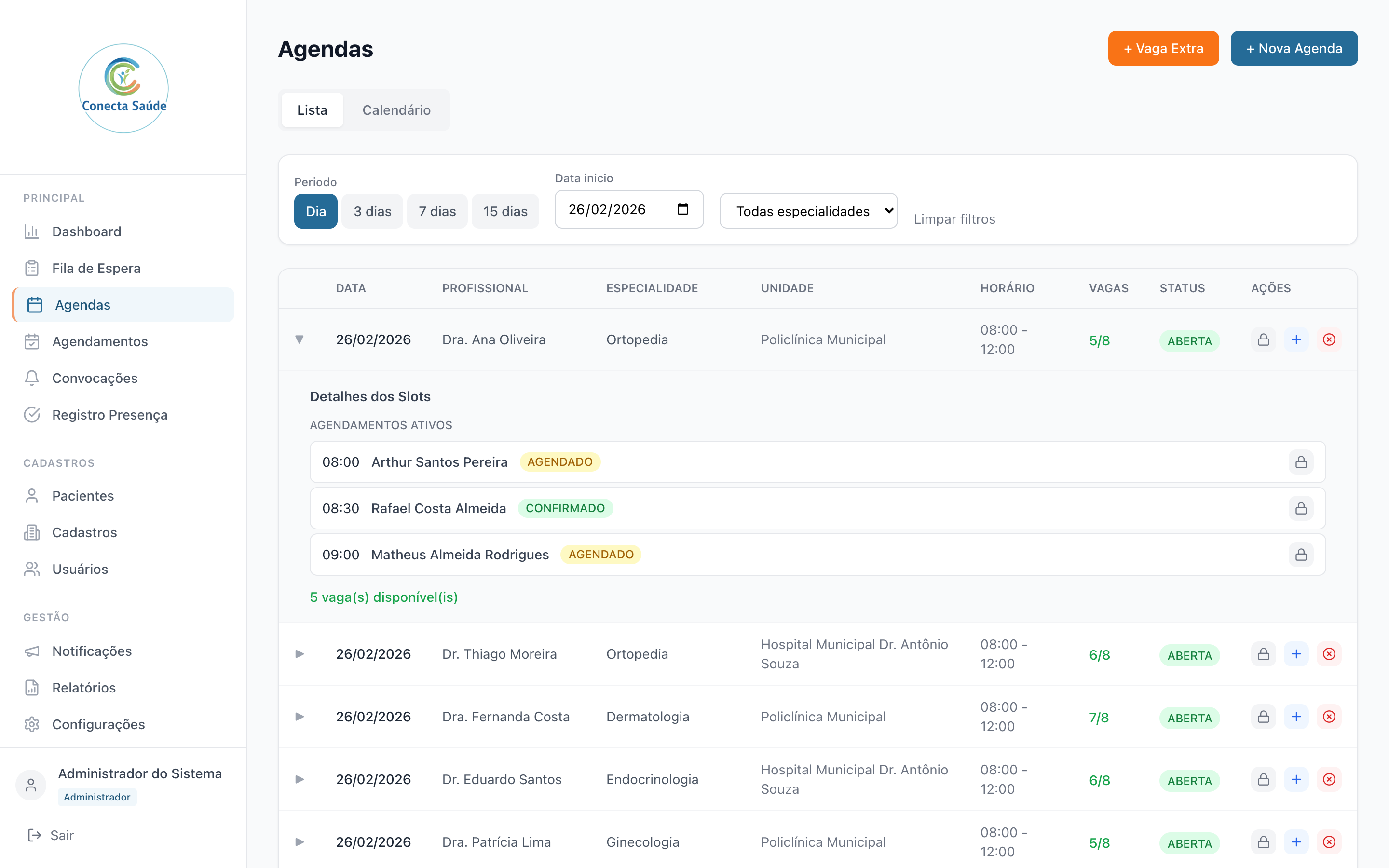 Tela de gestão de agendas do Conecta Saúde