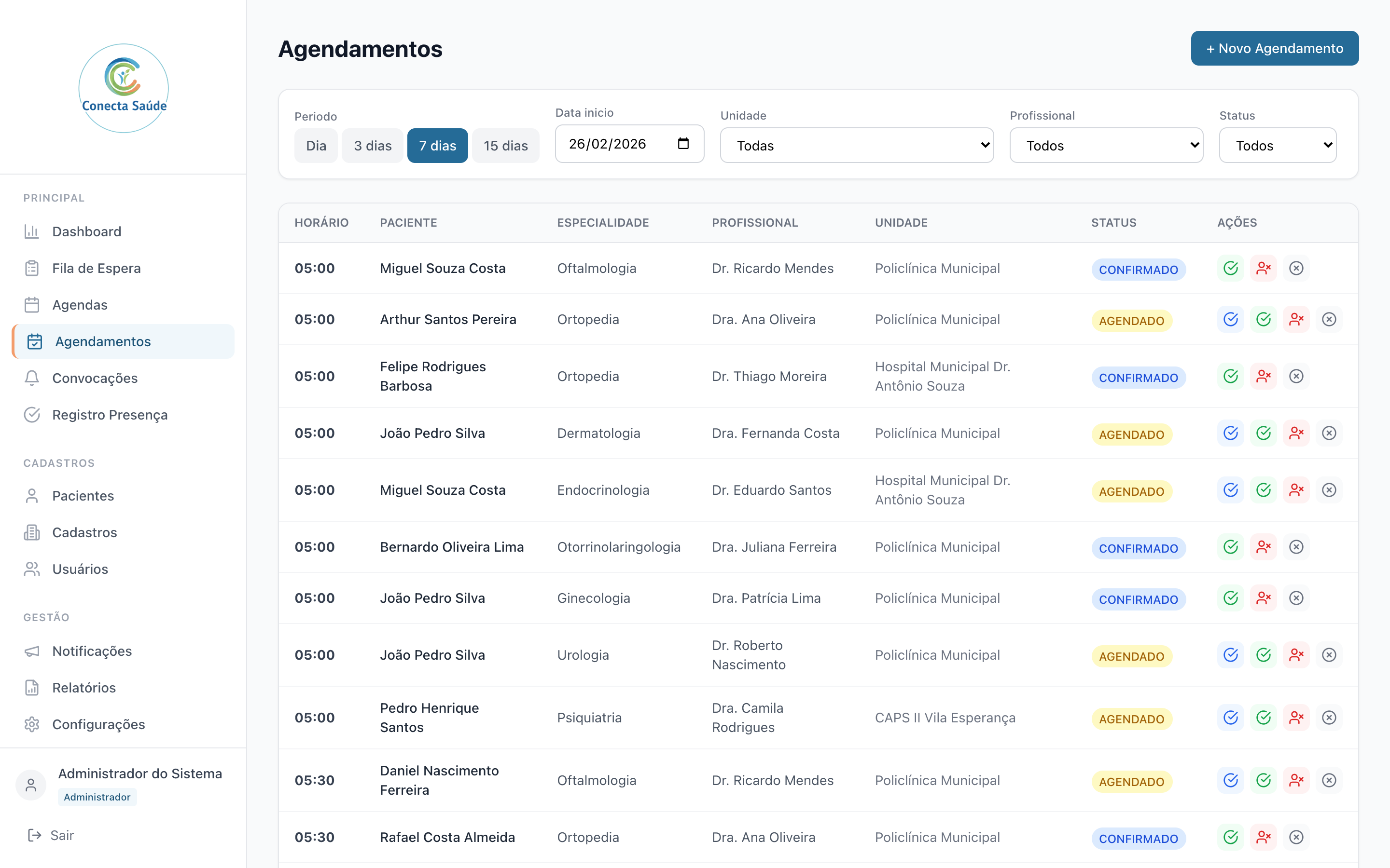 Tela de registro de presença do Conecta Saúde